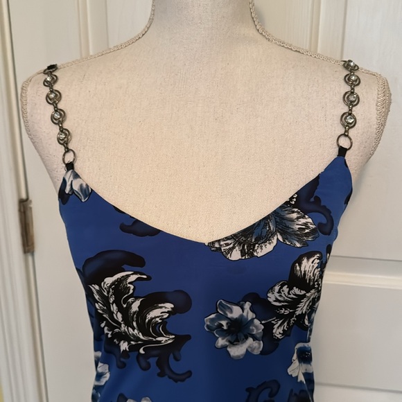 Caché Vintage Cobalt, Navy, Black & White Floral Top w/ Jeweled Straps - Picture 3 of 12